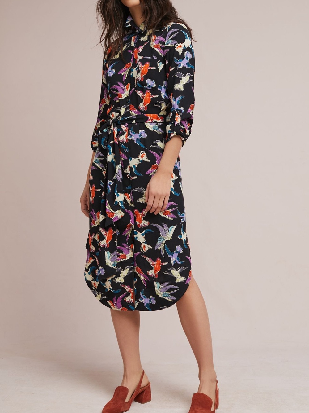 Anthropologie Black Midi Dress with Multicolor Bird Print